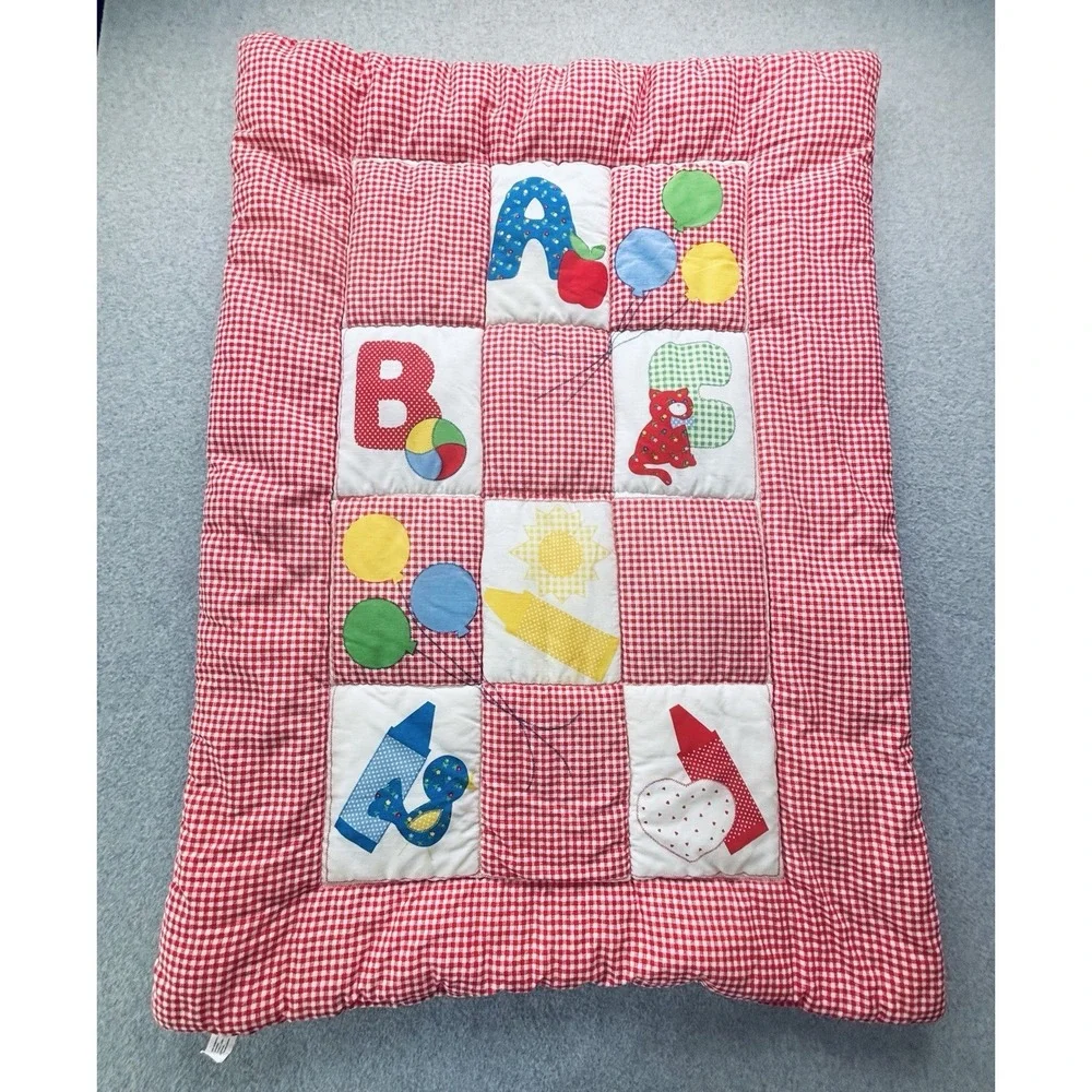 Vtg 1970s Springs Mills Baby Quilt Blanket Gingham Red ABC Crayons Union Tag